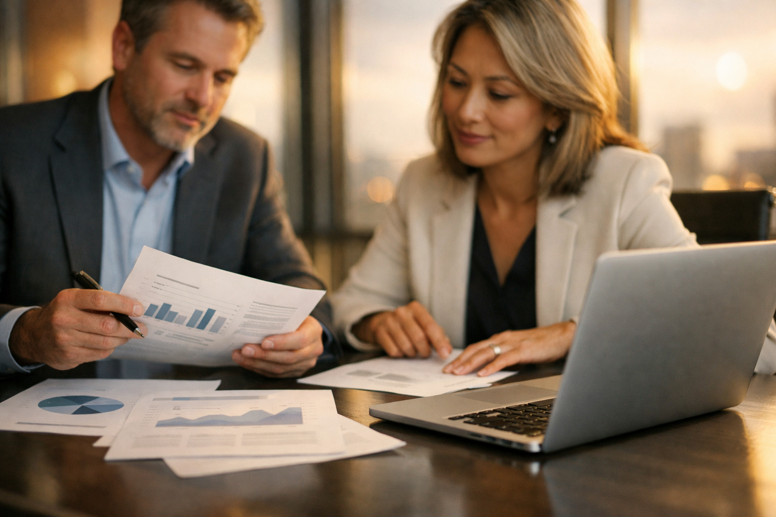 Business professionals reviewing valuation report